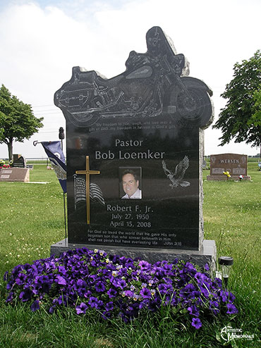 motorcycle tombstone headstone -  Pastor Loemker 