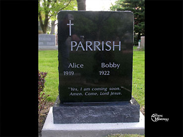 Parrish headstone - monument with vows and dog etching