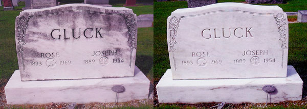 Before and after cleaning of marble tombstone